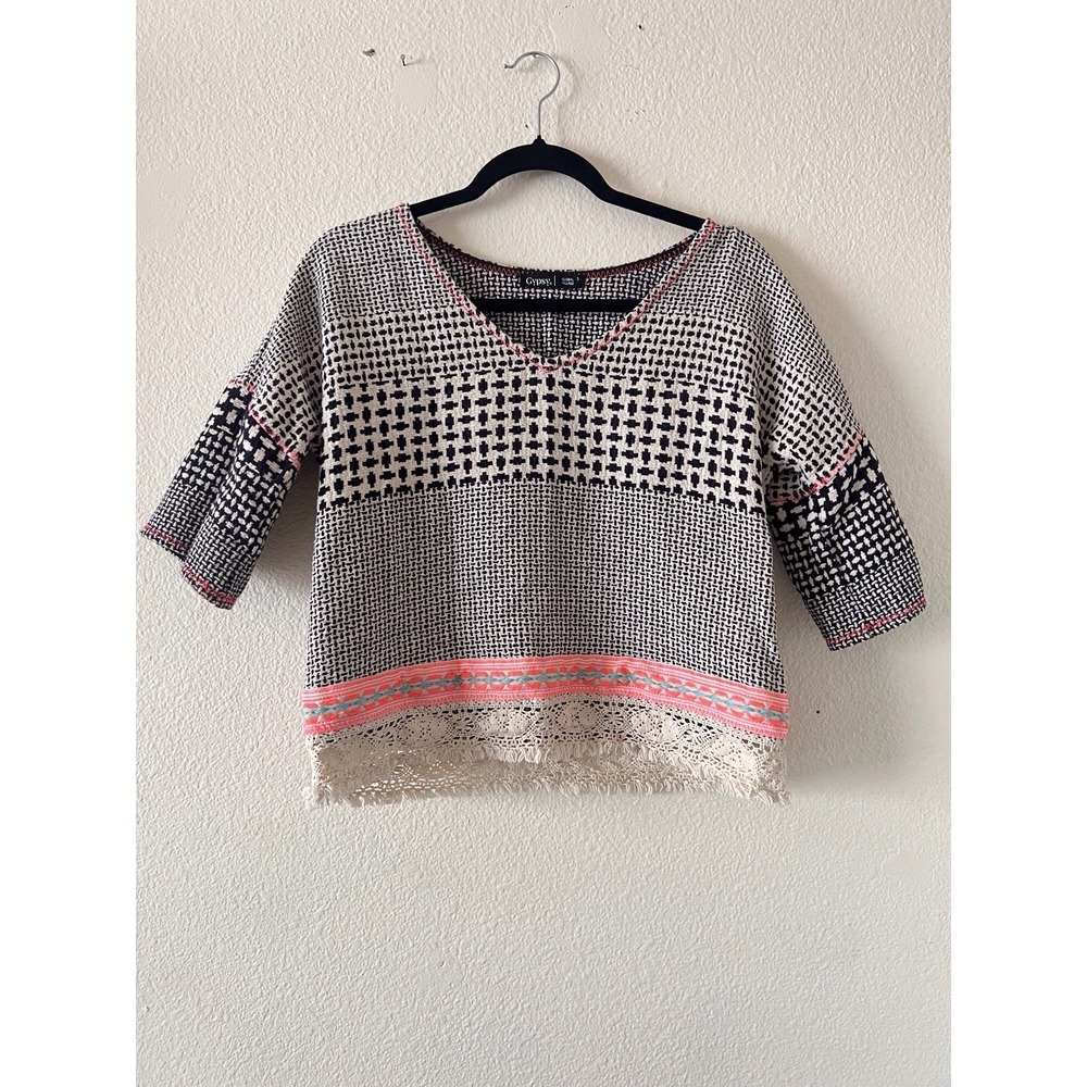 Gypsy 05 Womens Black White Pink Geometric V-Neck 3/4 Sleeve Blouse Sz S Lace